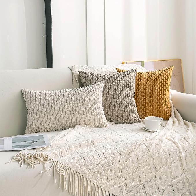 Set of 4 Navy White Taupe Decorative Throw Pillow Covers 12x20 Inch Corduroy Pillow Covers for Bed Couch Sofa Living Room Soft Cushion Cases