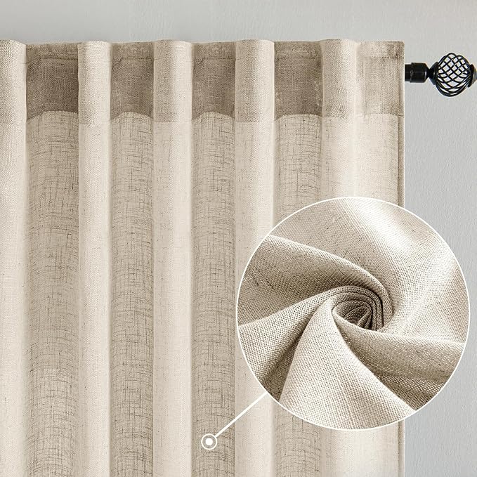 MIULEE Beige Linen Curtains 63 Inch Length 2 Panels for Bedroom Living Room, Soft Linen Textured Window Drapes Semi Sheer Light Filtering Back Tab Rod Pocket Farmhouse Modern Burlap Look Decor