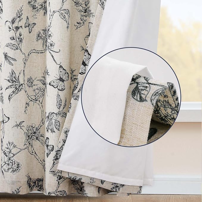 jinchan Black Floral Linen Curtains Lined 84 Inch Vintage Back Tab 2 Panels | Privacy lining, light filtering drapes, cottagecore, french country, farmhouse, bedroom, living room, window treatment