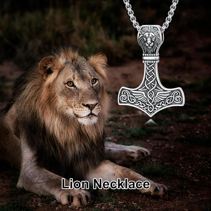 PROESS Thors Hammer Necklace Sterling Silver Celtic Knot Wolf/Lion/Raven Necklace Viking Mjolnir Pendant Jewelry for Men