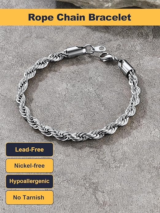 U7 Link Bracelets for Men, Cuban Link/Rope/Watch Band Solid Bracelet, Silver Black Gold Color Wrist Bracelet 3/6/9/12/15mm Width, 6.5/7.5/8.3 Inch Length, Hand Chain Jewelry for Mens Women