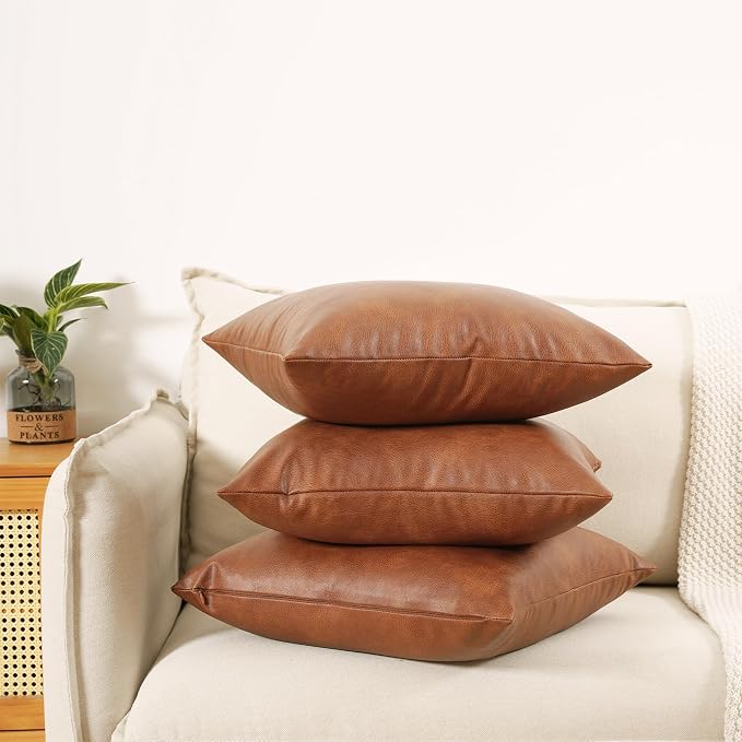 Faux Leather Throw Pillow Covers 16x16 inch - Set of 2 Brown Cognac Bohemian Modern Minimalist Square Decoration Pillowcases for Outdoor Living Room Couch Bed Sofa Bedroom Cushion Cases