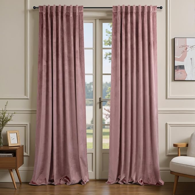 Dusty Rose Pink Velvet Curtains 96 Inches Long for Girls Room Kids Nursery 2 Panels Thick Heavy Privacy Noise Reducing Light Drapes for Living Room Darkening Princess Victorian Western Decor 96 Length