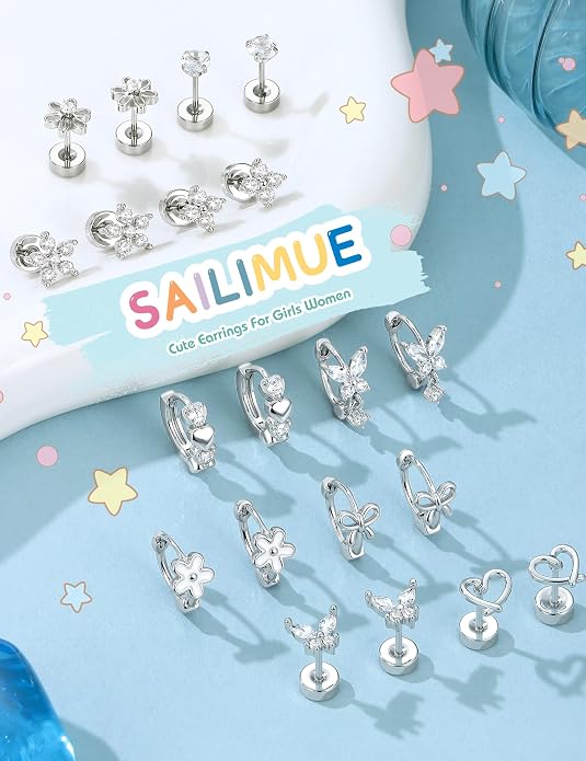 SAILIMUE Hypoallergenic Flat Back Earrings for Girls Women - Cute Toddler Kids Earrings Set Surgical Stainless Steel Earring for Sensitive Ears Small 14K Gold Plated Stud Hoop Earring Stacks