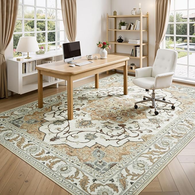 Lessymo Washable Area Rug for Living Room,8x10 Large Rugs with Non-Slip Backing,Soft Boho Carpets for Bedroom Dining Room Nursery Home Office,Light Beige