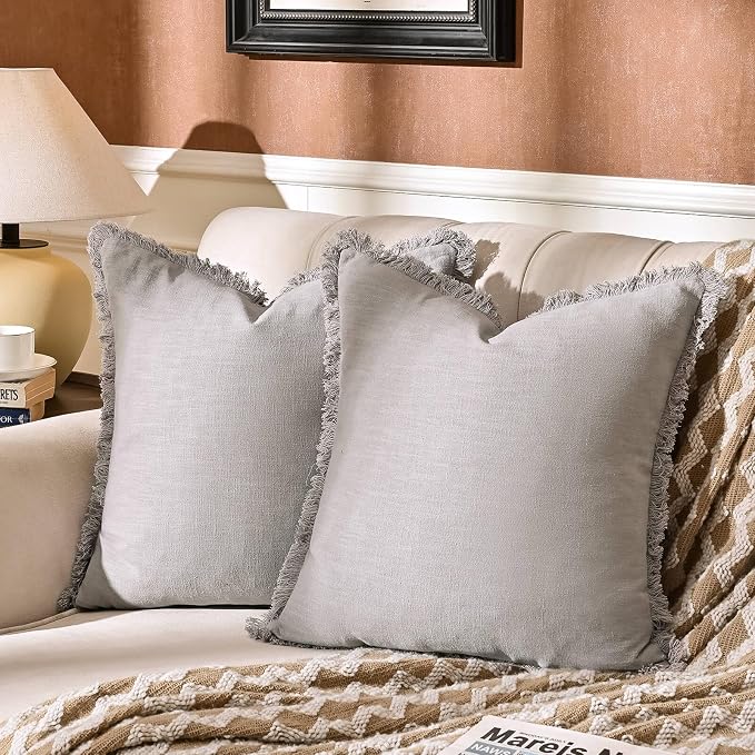 AmHoo Pack of 2 Linen Pillow Covers with Tassels Fringed Decorative Rustic Natural Throw Pillowcase Cushion for Couch Sofa Bedroom 18 x 18-Inch Light Grey