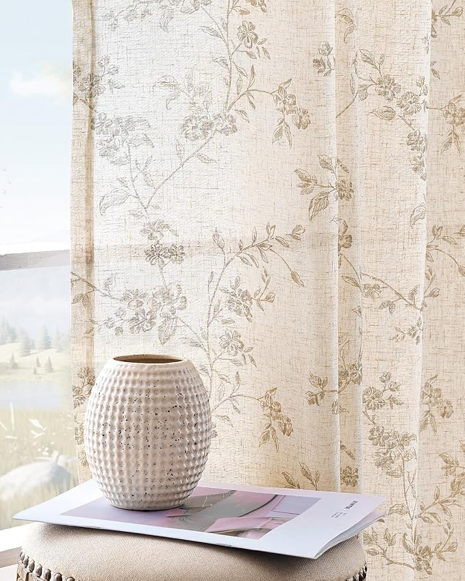 jinchan Taupe Floral Linen Curtains 108 Inch Extra Long Back Tab 2 Panels | Flower patterned drapes, farmhouse, french country, light filtering, semi sheer, bedroom, living room, office, home decor