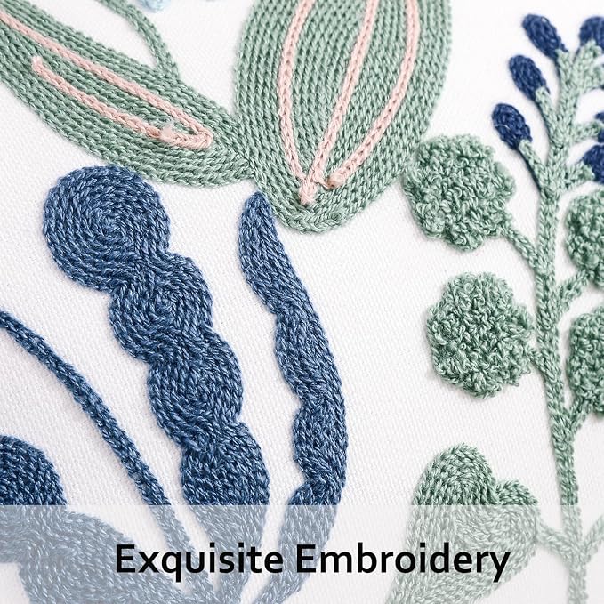 Embroidered Throw Pillow Covers 12x20 inch Set of 2 Green Leaves with Birds Floral Tufted Pillowcases Summer Decorative Coastal Pillow Cushion Cases Lumbar Navy Blue Flower Pillow Case