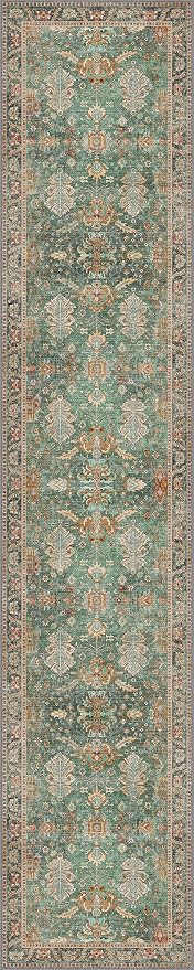 Bavni Runner Rug, Machine Washable Rugs for Bedroom 2x10, Non Slip Boho Rugs with Rubber Backing, Ultra-Thin Folable Rug Runner for Hallways Bathroom, Sage/Gold