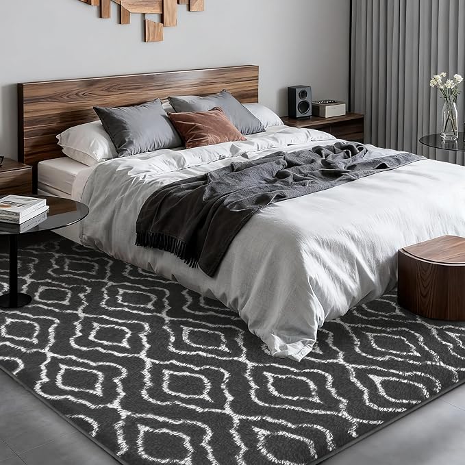 Fluffy Rug for Bedroom, Soft 5x7 Grey Shag Plush Geometric Area Rugs | Modern Grey and White Rug, Non Slip Carpet for Living Room, Aesthetic Home Decor, Fuzzy Floor Mat for Nursery Teen Dorm