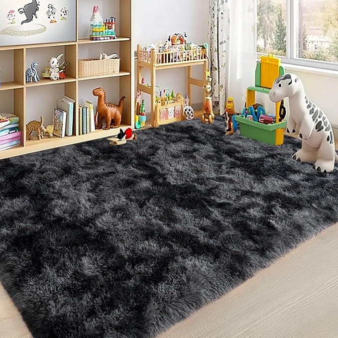 Large Area Rugs for Living Room Bedroom 4x6 Black Grey Shag Rugs | Ultra Soft Fluffy Shaggy Plush Fuzzy Modern Indoor Throw Floor Carpet for Kids Girls Boys Dorm Nursery Home Decor Aesthetic