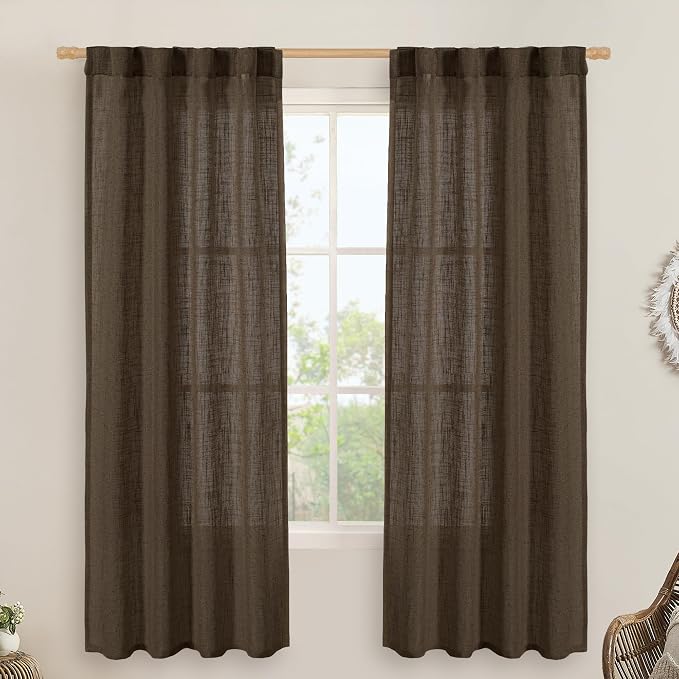 LAMIT Dark Brown Linen Curtains for Bedroom, 72 Inch Length Light Filtering Semi Sheer Panels Back Tab and Rod Pocket Neutral Drapes for Living Room, 2 Panels, 34 x 72 Inch