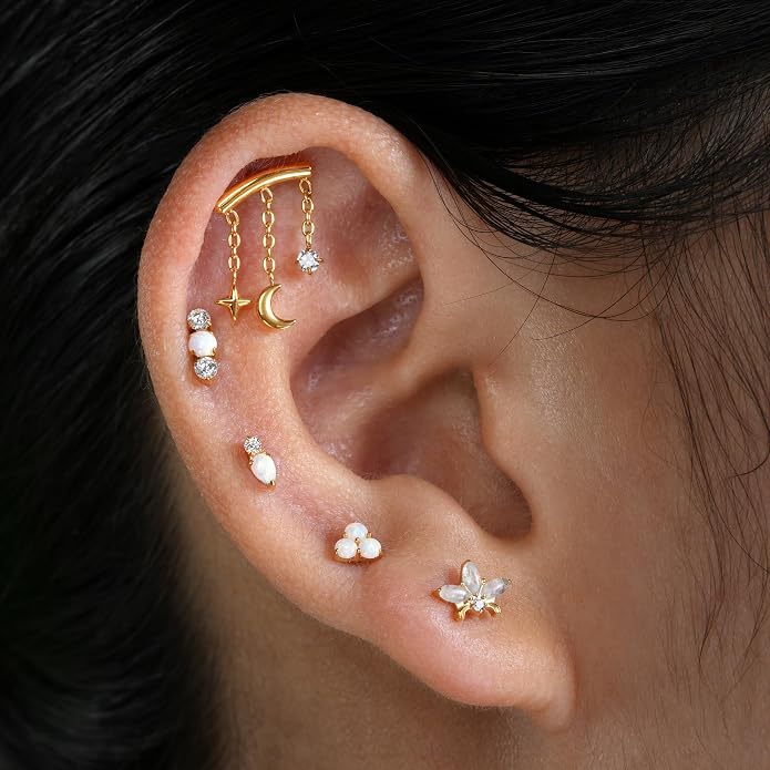 FINE4U ASTM F136 Titanium Piercing Jewelry Stud - 16G 6mm 8mm Triple Marquise Lotus Flower Cartilage Earring, Hypoallergenic Flatback Bridal Jewelry