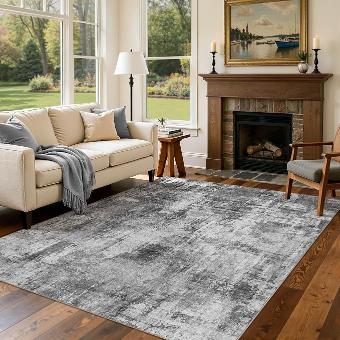 DMOYEST 6x9 Area Rug - Washable & Non Slip Indoor Rug for Living Room, Kid & Pet Friendly Abstract Low Pile Soft Carpet for Bedroom and Dining Room - Black