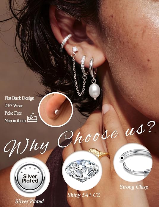 LOLIAS Hypoallergenic Flat Back Earrings Set for Women-Surgical Stainless Steel Earrings for Sensitive Ears-14K Gold Plated Chain Cartilage Earring Stacks Flatback Stud Hoop Earring Sets for Multiple Piercing Jewelry