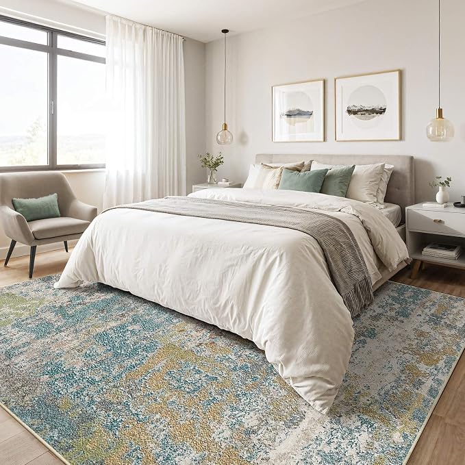 Area Rugs 9x12 Living Room: Washable Large Abstract Neutral Modern Soft Rugs Stain Resistant Indoor Floor Non-Slip Accent Carpet for Bedroom Nursery Playroom Office Dining Room Home Decor- Teal