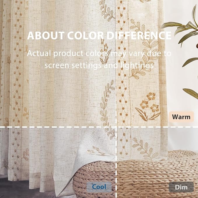jinchan Floral Linen Curtains 63 Inch Farmhouse Back Tab 4 Panels Beige | Embroidered curtains,boho curtains,living room,bedroom,light filtering,privacy,flower patterned drapes,window treatment