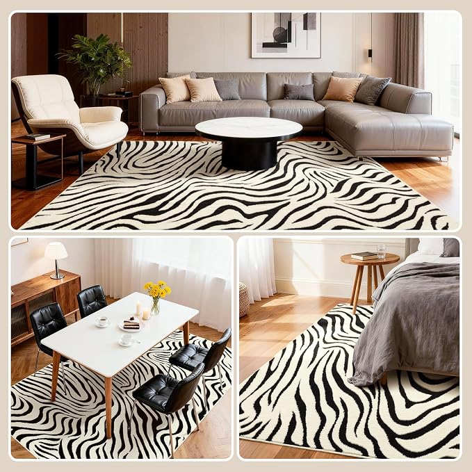 YIHOUSE 4×6 Ft Area Rugs for Living Room: Modern Washable Rug - Abstract Black and Cream White Rug for Bedroom Dining Room Office Playroom Nursery Home Decor - Nonslip Non-Shedding Striped Rugs