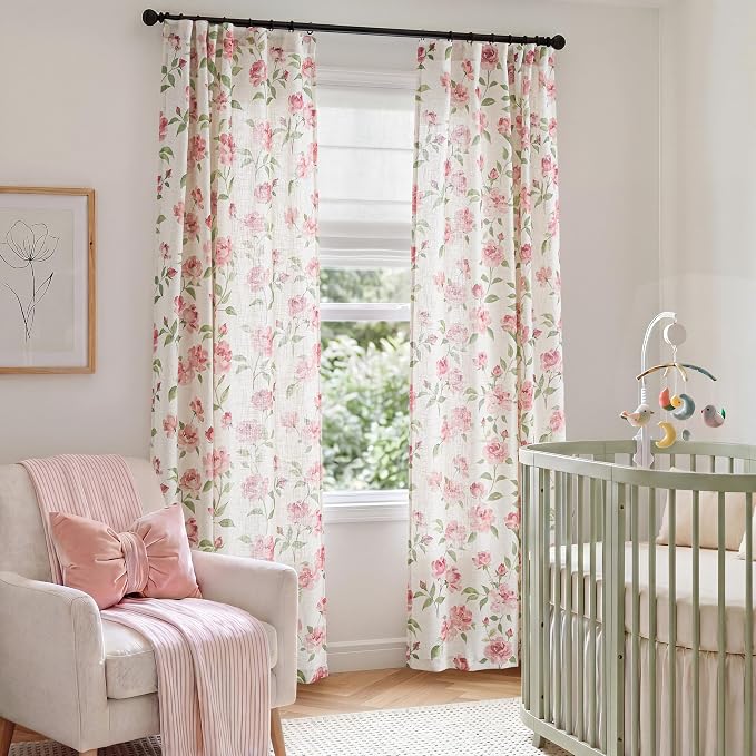 jinchan Pink Floral Linen Curtains 84 Inch Cottagecore Back Tab 2 Panels | Light filtering drapes, semi sheer, farmhouse, watercolor, romantic, living room, bedroom, rod pocket, window treatment