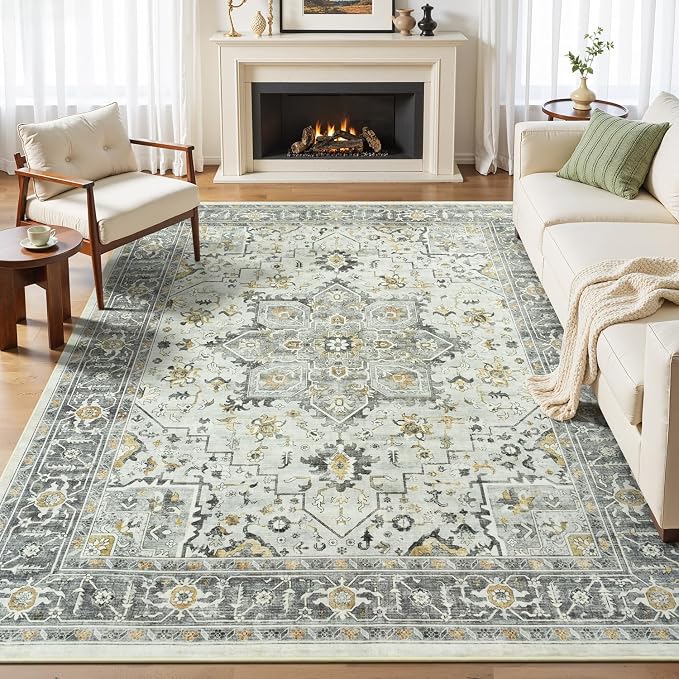 Boho Taupe 5x7 Living Room Rug - Modern Vintage Eclectic Floral Pastel Neutral Grey Carpet, Washable Low Pile Non-Slip Extra Large Area Rugs for Dining Under Table, Bedroom, Nursery, Lounge