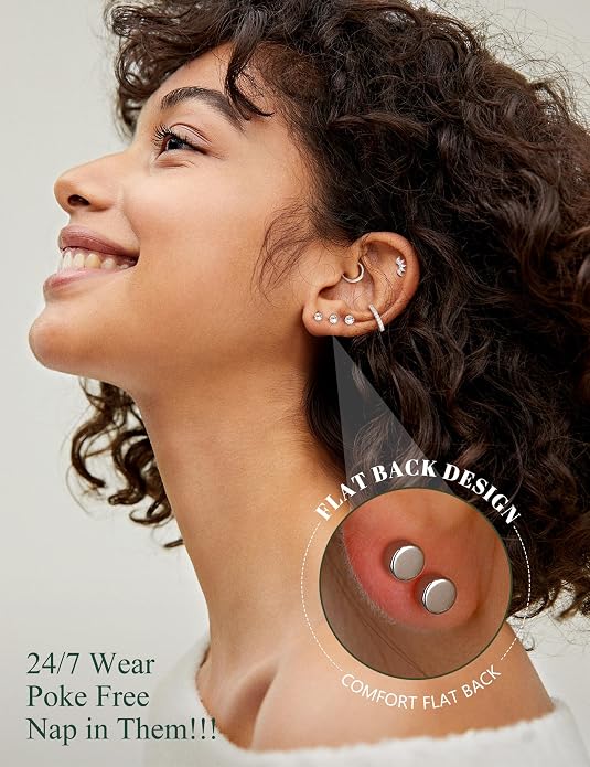 LOLIAS Hypoallergenic Flat Back Earrings for Women Cartilage Earrings Stacks-20G Surgical Stainless Steel Flatback Stud Hoop Earring Set Daith Conch Tragus Helix Piercing Jewelry