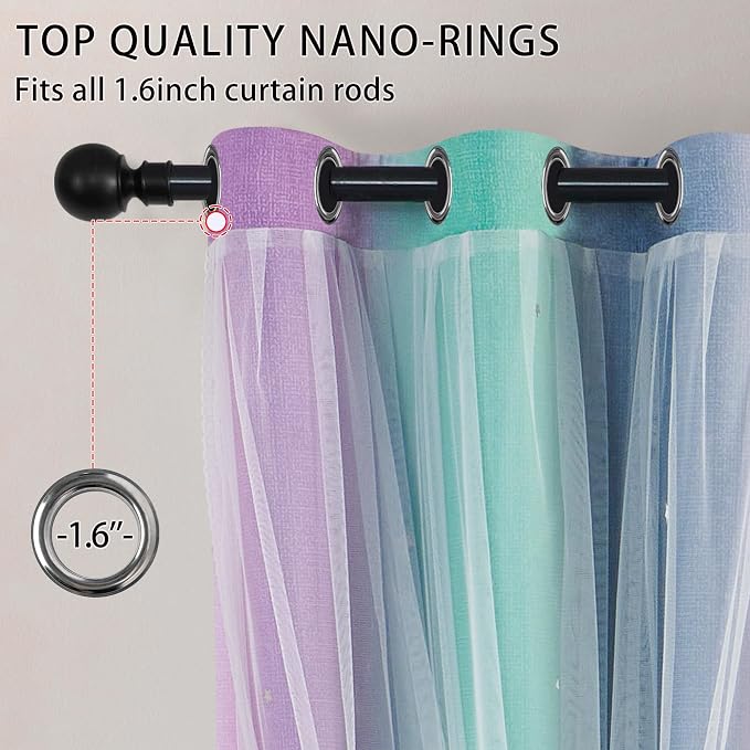 XiDi Purple Grey Green 90 Inches Blackout Curtains for Girls Bedroom 2 Panels Set, Rainbow Curtains for Kids Room Decor, Unicorn Wall Decals Grommet Drapes for Little Girl Nursery Room 34 Inches Wide