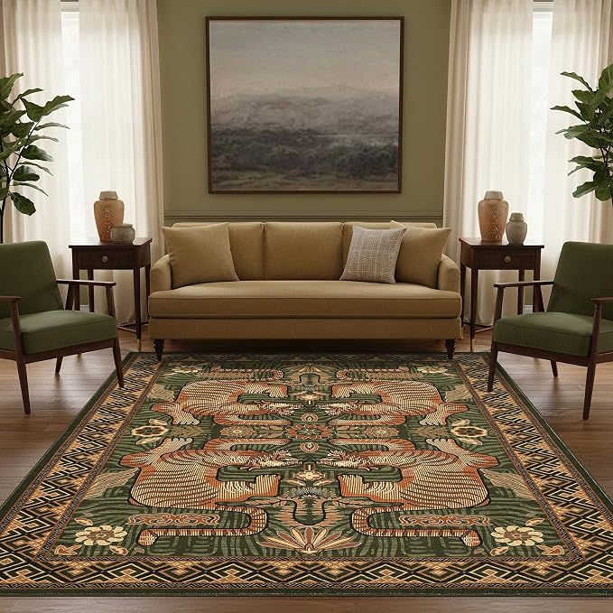 GarveeHome 4x6 Tiger Washable Area Rug for Kids Room, Boho Green Bedroom Rug Non Slip Low Pile Vintage Tribal Carpet Stain Resistant Throw Rug for Dorm Nursery Room Playroom Office Dining Room
