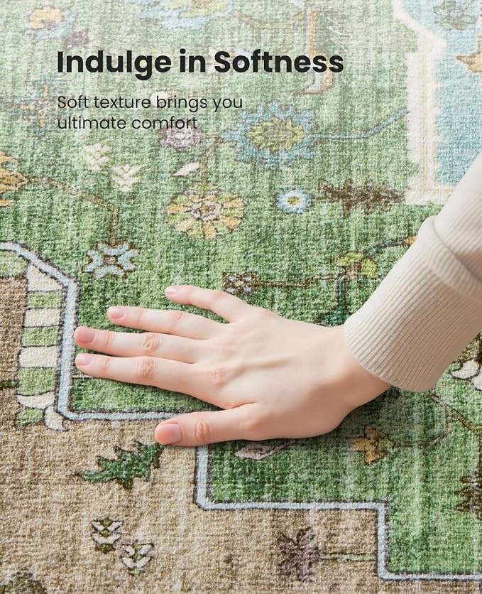 AMADA HOMEFURNISHING 5x7 Area Rug for Living Room, Vintage Washable Area Rug Low-Pile & Non-Slip Carpet for Bedroom Dining Room Nursery Home Office, Green