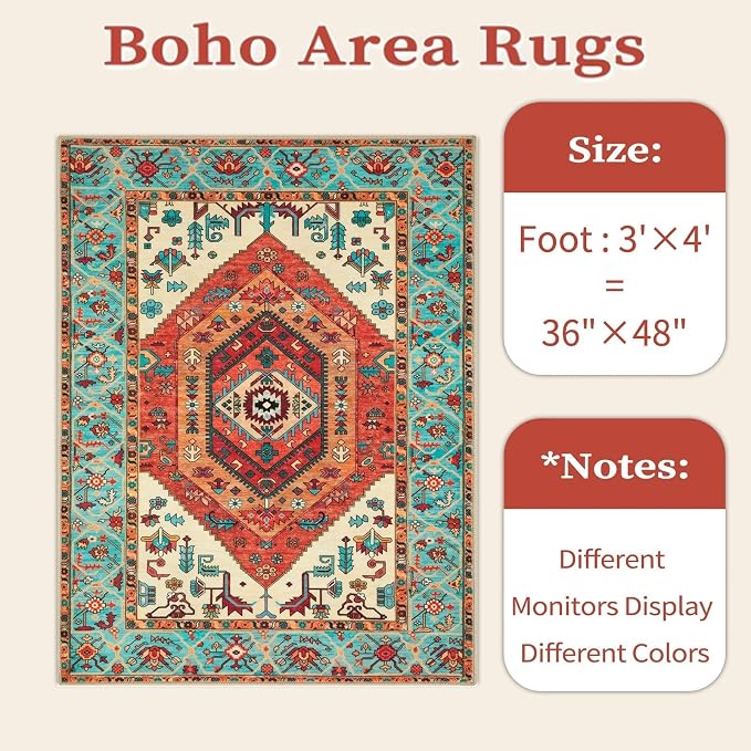 SERISSA Boho Area Rugs for Entryway, 3x4 Washable Non-Slip Kitchen Rug, Ultra Soft Print Distressed Orange Rug Low-Pile Throw Door Mat Indoor Entrance Carpet for Bedroom Living Room Dorm Decor