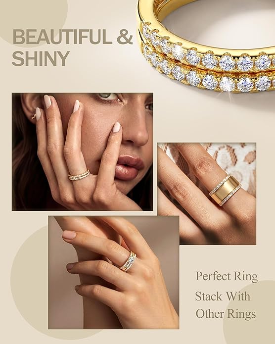 GEMQUEEN 2Pcs Moissanite Rings for Women : 18K White Gold Plated 925 Sterling Silver Engagement Ring Eternity Wedding Band Dainty Moissanite Stackable Jewelry Set D Color VVS1 Clarity Size 4-10