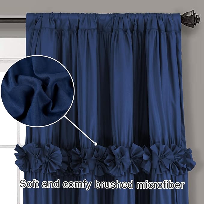 Homechoice Decor Thermal Insulated Window Curtains, 54" W x 84" L (Pair) | Boho Ruched Blackout Window Treatments with 3 Rows of Butterfly Flowers, Rustic Rod Pocket Drapes for Room, Navy (LQ-30)