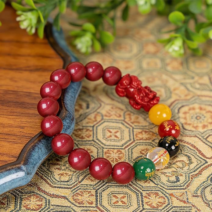 Five Roads Wealth God Cinnabar Pixiu Bracelet - Feng Shui Red String Bracelet for Good Luck & Money Attraction, Fortune Blessing for Men & Women, Adjustable Lucky Charm Bracelet (Classic & Cinnabar Options, 8/10/12mm)