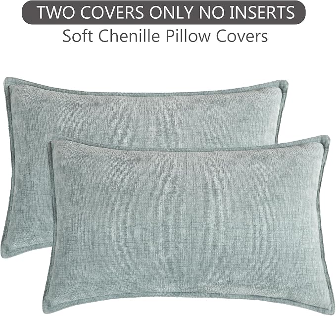 Stellhome Set of 2 Super Soft Textured Decorative Pillow Covers Lumbar Chenille Throw Pillow Covers Accent Solid Cushion Cover for Couch Sofa Bedroom Living Room 12x20 Inch, Aqua Haze