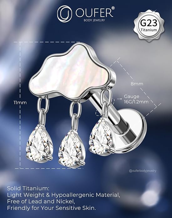 OUFER Body Piercing Titanium Cloud Helix Piercing Jewelry 16G Dangle Helix Earrings for Women Internally Thread Conch Helix Stud Flat Back Cartilage Earring Studs Surgical Steel Cartilage Jewelry
