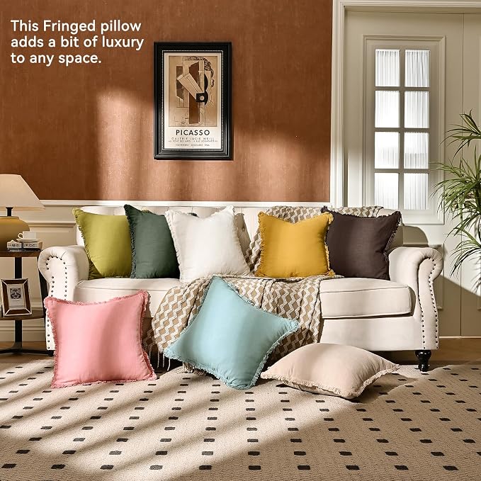 AmHoo Pack of 2 Linen Pillow Covers with Tassels Fringed Decorative Rustic Natural Throw Pillowcase Cushion for Couch Sofa Bedroom 22 x 22-Inch Green