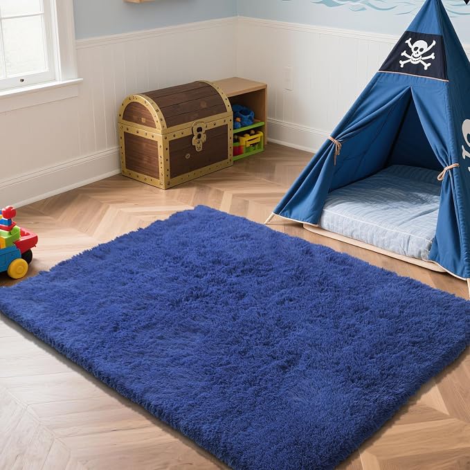 Blue Fluffy Rug Shag Area Rug, 5x8 Area Rugs for Girls Bedroom, Soft Play Mat, Indoor Floor Carpet for Teen, Preppy Dorm, Plush Aesthetic Bedside Rug