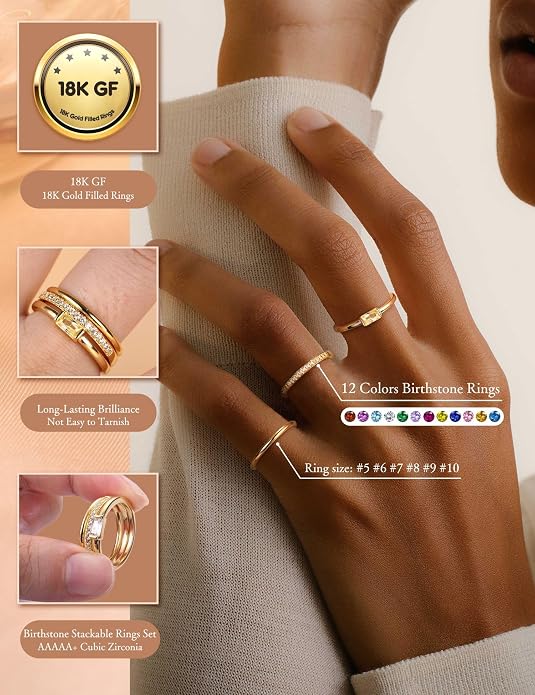 Gold Stackable Birthstone Rings for Women - 18K Gold Filled Non Tarnish Dainty Gold Stacking Rings Set - Cubic Zirconia Thumb Knuckle Ring Wedding Engagement Ring for her Gifts Size 6 7 8 9 10 3pcs