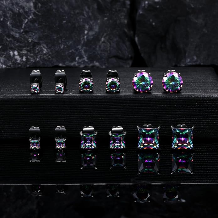 MDFUN 6 Pairs Stud Earrings Set 3mm/5mm/7mm Princess & Round Cubic Zirconia Earrings Hypoallergenic 316L Surgical Stainless Steel CZ Earrings for Women Men