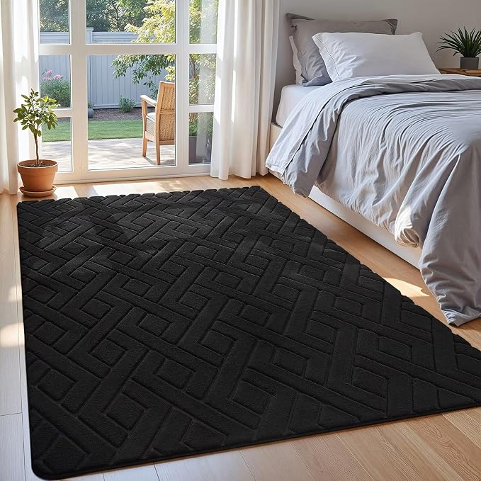 Macgace Ultra Soft Black Area Rug for Bedroom, 4x6 Modern Geometric Shag Rugs with Nonslip Backing for Living Room, Washable Fuzzy Carpet for Cozy Kids Room