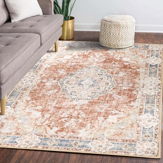 MUJOO 5'x7' Area Rugs Washable Boho Rug Non Slip Low-Pile Floral Large | Machine Washable Throw Carpet for Bedroom Living Room Dining Room Soft Floor Indoor Abstract Flowers Orange Navy Blue