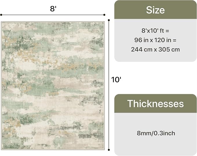 GENIMO Abstract Area Rug 8x10, Washable Large Modern Rug Non Slip, Low Pile Lightweight Soft Carpet for Living Room, Bedroom, Dining Room, Sage Cream