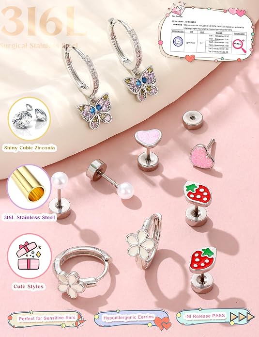LOLIAS Hypoallergenic Earrings for Girls Flat Back-Stainless Surgical Steel Earrings for Sensitive Ears Women Cute Hoops Flatback Studs Screw Back Toddler Kids Teen Girls Earrings Jewelry