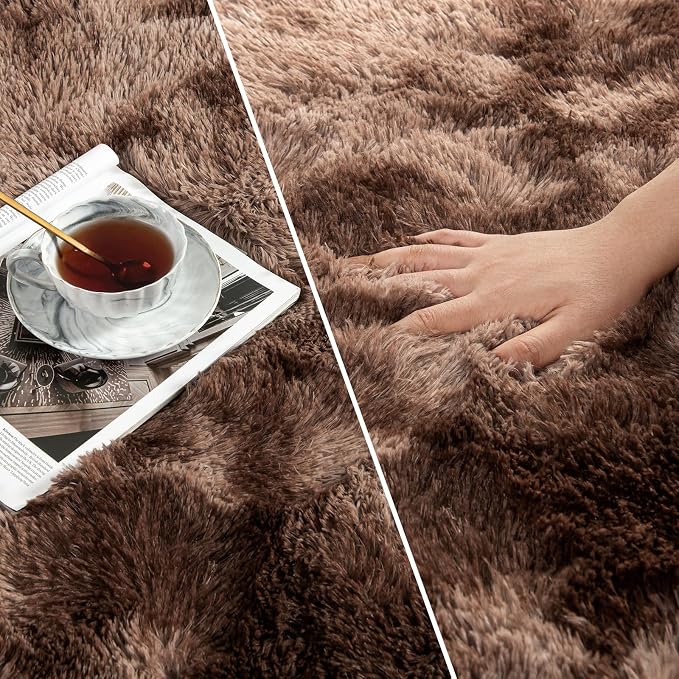 Deerhoo Large Shag Area Rugs 5 x 8, Tie-Dyed Plush Fuzzy Rugs for Living Room, Ultra Soft Fluffy Furry Rug for Bedroom, Indoor Carpet Nursery Rugs for Kids Room Home Decor, Coffee