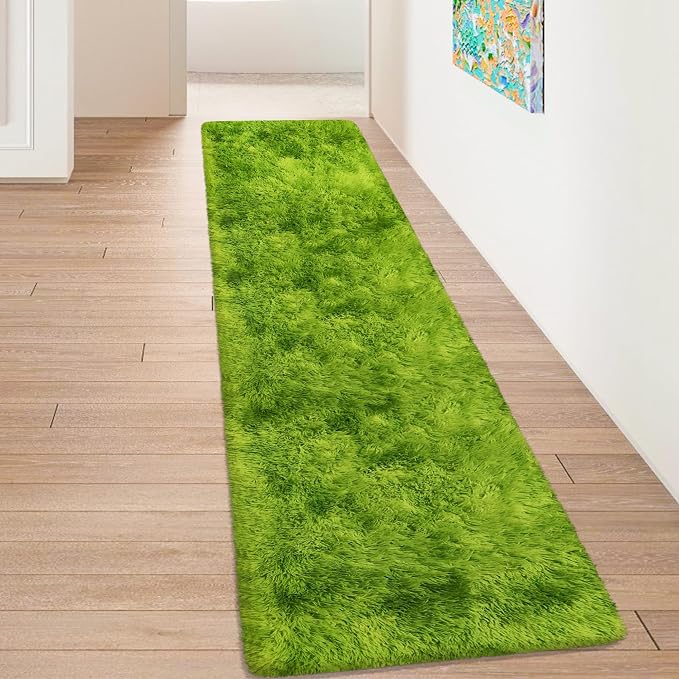Grass Green Tie Dyed Rug 2x8 ft Plush High Pile Shag Carpet Fluffy Soft Runner Bedside Rug for Bedroom Living Room Hallway Nursery Kids Home Decor