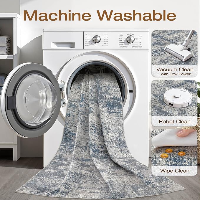 7x9 Area Rug Living Room: Washable Large Neutral Rug Abstract Soft Modern Stain Resistant Indoor Floor Non-Slip Carpet for Bedroom Nursery Kids Office Playroom Dining Room Under Table- Blue Gray
