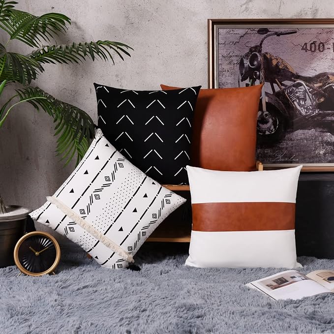 Tosewever Boho Geometric Throw Pillow Covers 18 x 18 Set of 4, Modern Stripe Farmhouse Decorative Faux Leather Cotton Pillowcase for Bedroom Living Room Couch Bed Sofa Home (Black/White, 18" x 18")