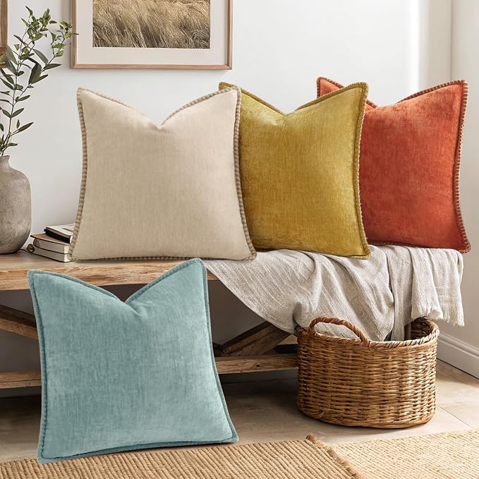 decorUhome Fall Soft Decorative Chenille Throw Pillow Covers 16x16 Set of 4 | Rust Orange Decorative Modern Farmhouse Neutral Pillow Cases with Stitched Edge for Couch Sofa Bed Living Room Home Decor