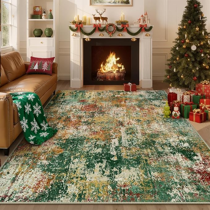 RELEANY Washable Area Rugs 5'x8' Non-Slip Modern Abstract Soft for Living Room Entryway Bedroom Kitchen, Print Pattern, Green Orange Rust Red Cream Colorful