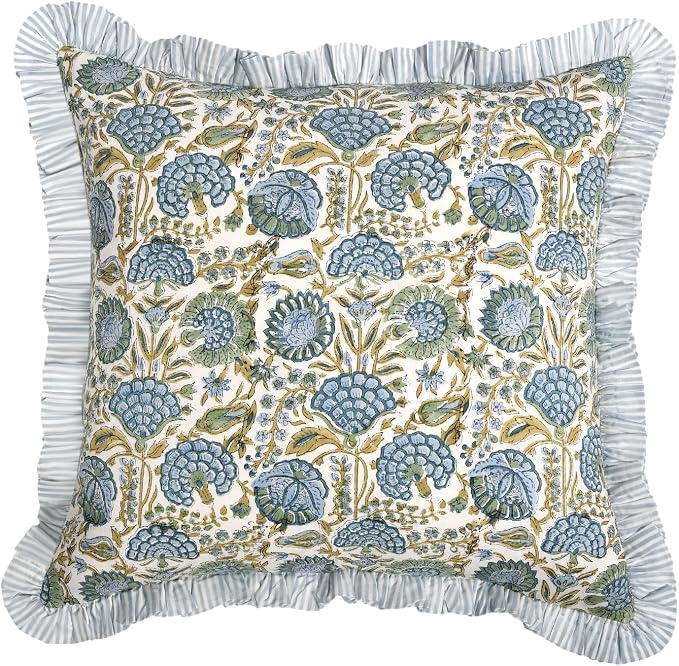 Ridhi Block Print Asparagus Green Throw Pillow Cover 16" x 16" (Pack of 2) Decorative Cushion Covers with Ruffle for Couch, Sofa, Bed, Living Room, Home Decor Gift for Spring, Easter, Valentine