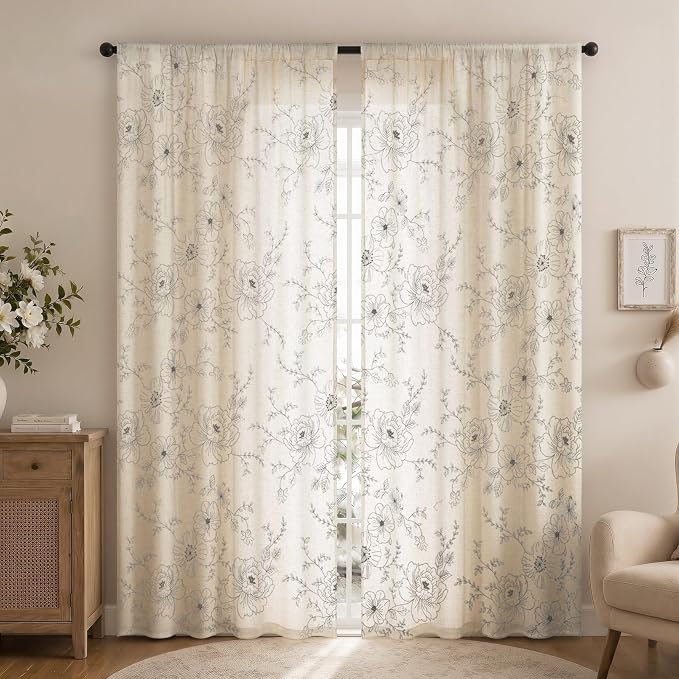 Boho Floral Curtains, Vintage Farmhouse Curtains 84 Inches Long, Grey Cottage Core Flower 2 Panels